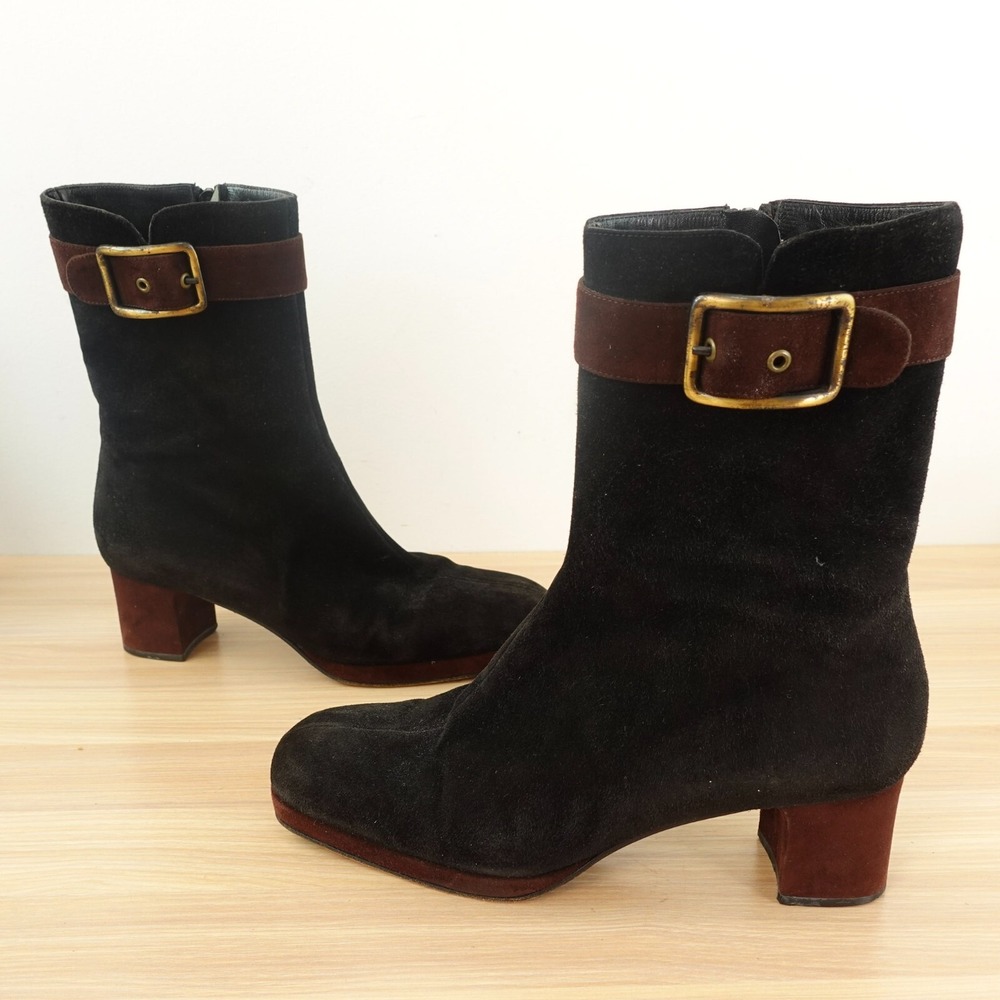 Bruno Magli Black Suede Ankle Boots with Brown Strap, Gold Buckle. Size 37.5